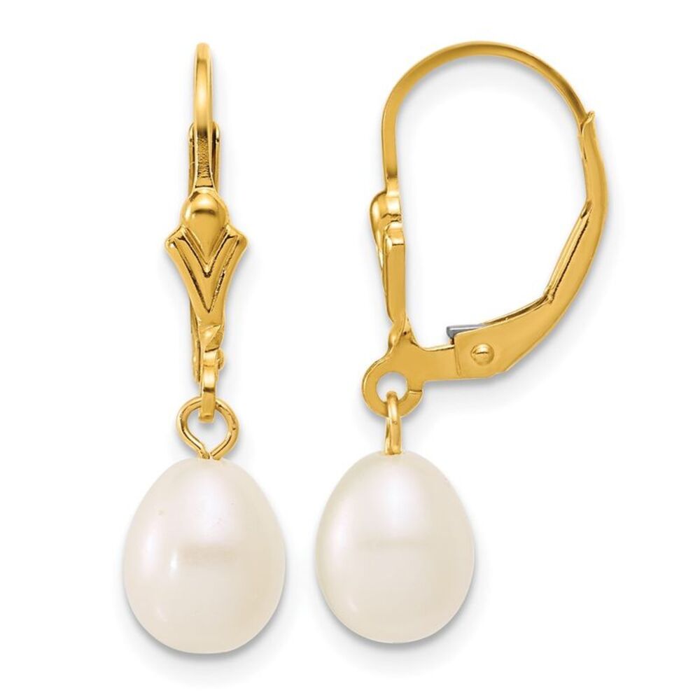 14K Gold Filled 6-7mm White FWC Rice Pearl Lever Back Earrings, 27mm